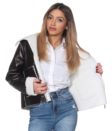 Dunkelbraune Shearling Kunstlederjacke – Mit Weißem Teddy-Innenfutter