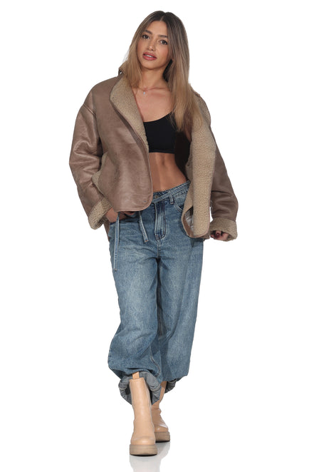 Beige lässige Vintage Jacke – Oversized Shearling Look