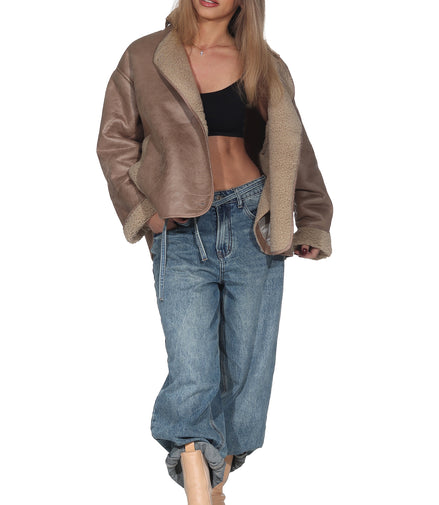 Beige lässige Vintage Jacke – Oversized Shearling Look