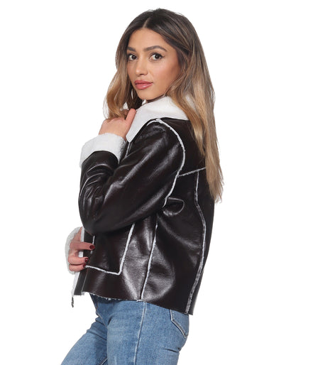 Dunkelbraune Shearling Kunstlederjacke – Mit Weißem Teddy-Innenfutter