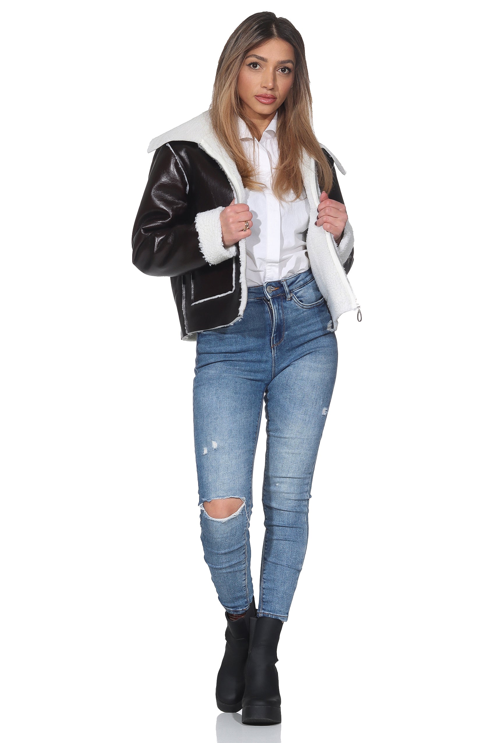 Dunkelbraune Shearling Kunstlederjacke – Mit Weißem Teddy-Innenfutter