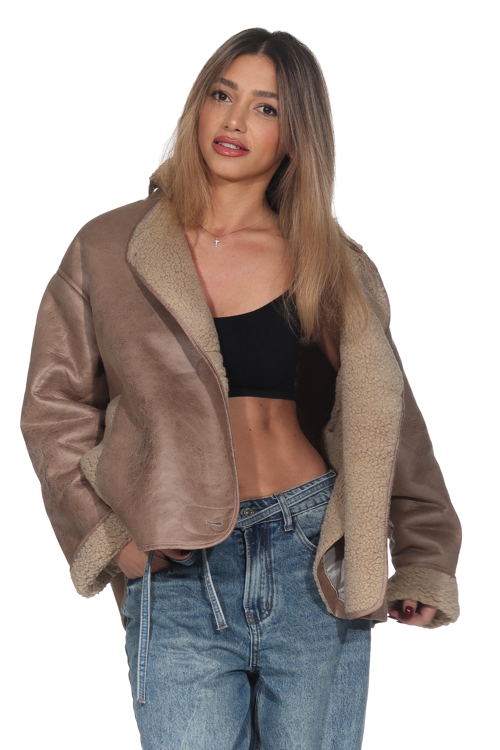 Beige lässige Vintage Jacke – Oversized Shearling Look