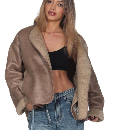 Beige lässige Vintage Jacke – Oversized Shearling Look