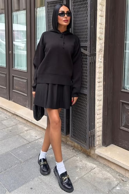 Damen Zweiteiler Set – Plissee Rock & Kapuzenpullover