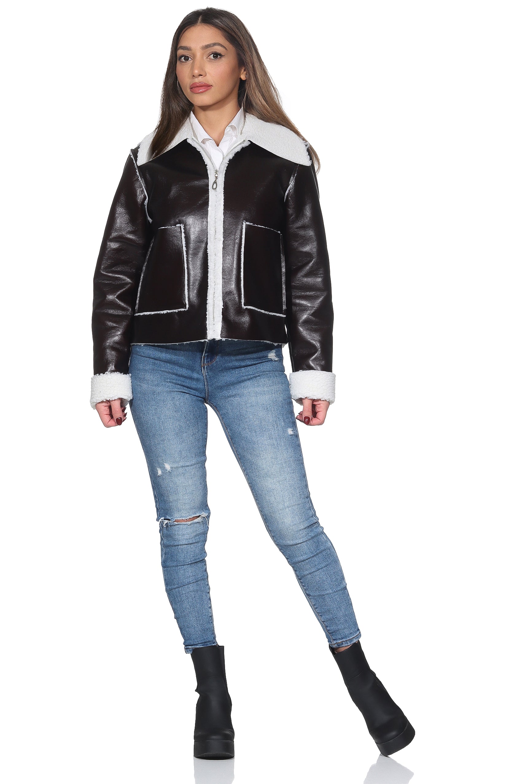 Dunkelbraune Shearling Kunstlederjacke – Mit Weißem Teddy-Innenfutter