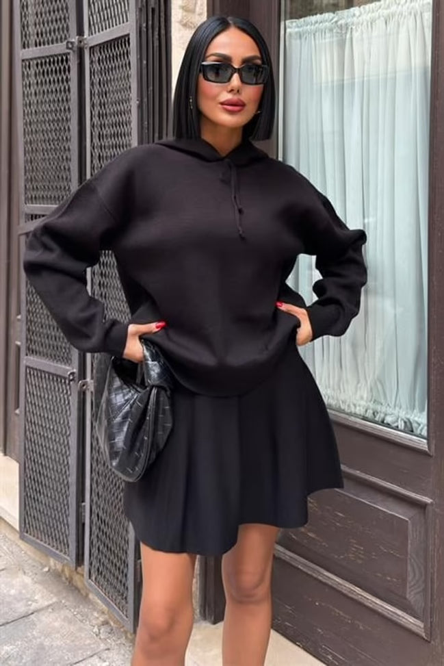 Damen Zweiteiler Set – Plissee Rock & Kapuzenpullover