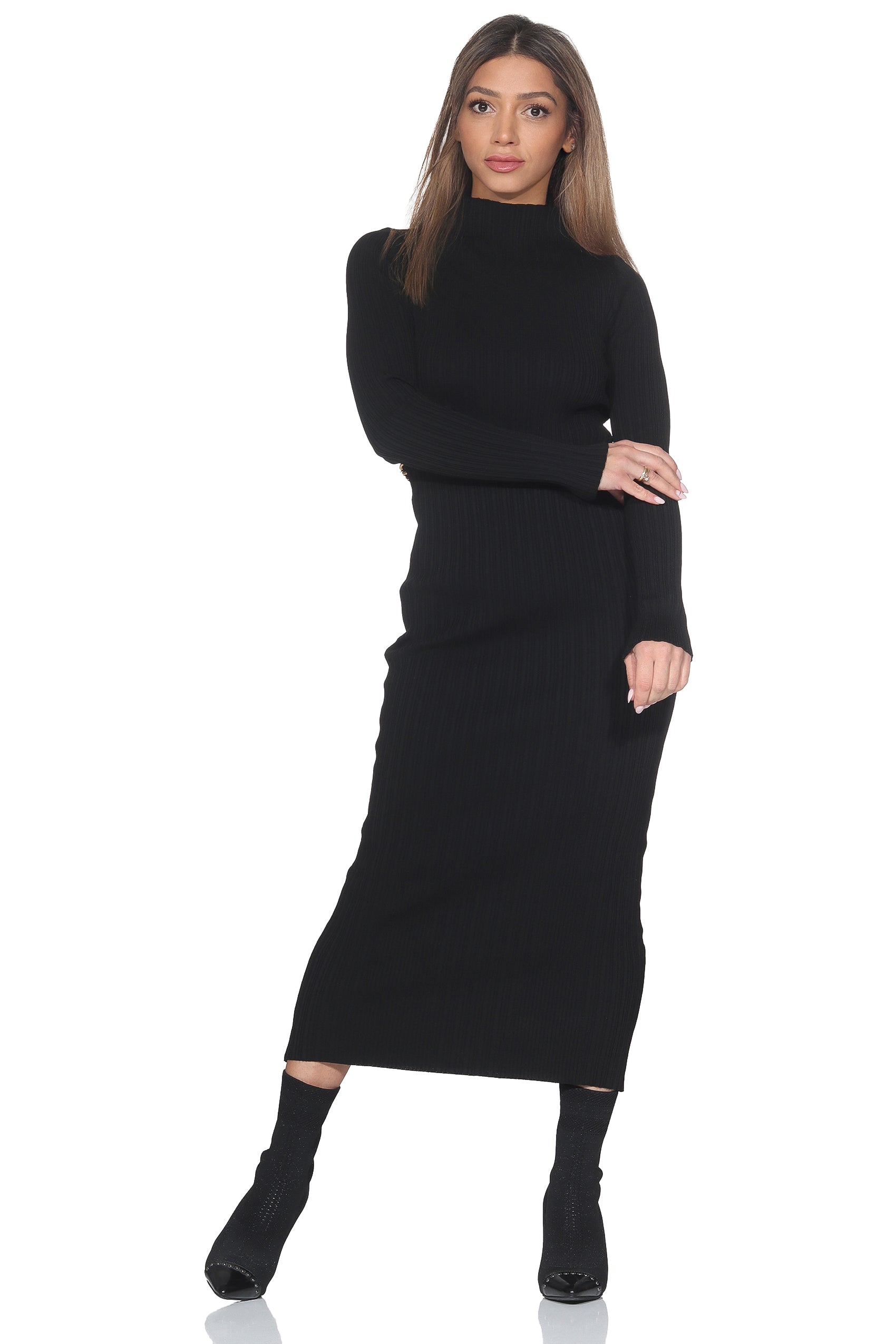 Damen Strick Midikleid mit Cut-Out & Gold-Details – Schwarz