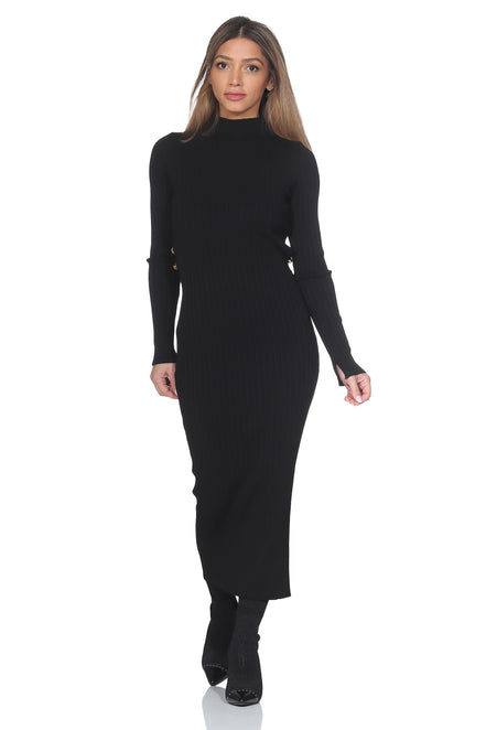 Damen Strick Midikleid mit Cut-Out & Gold-Details – Schwarz
