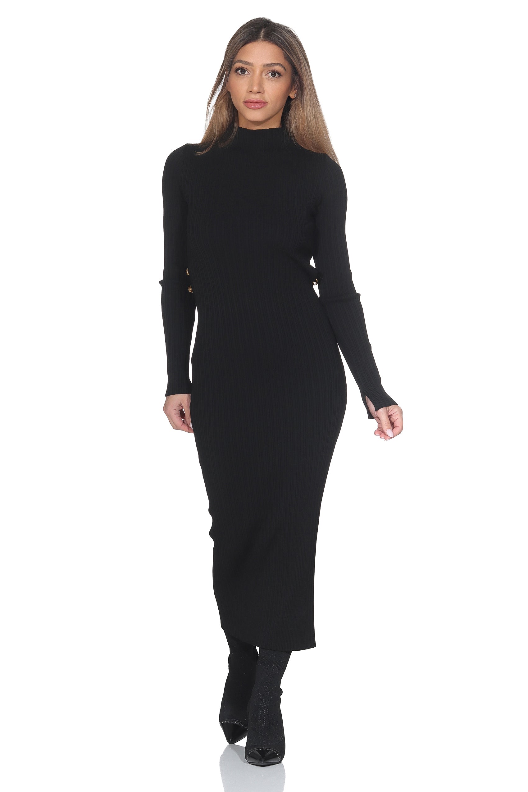 Damen Strick Midikleid mit Cut-Out & Gold-Details – Schwarz