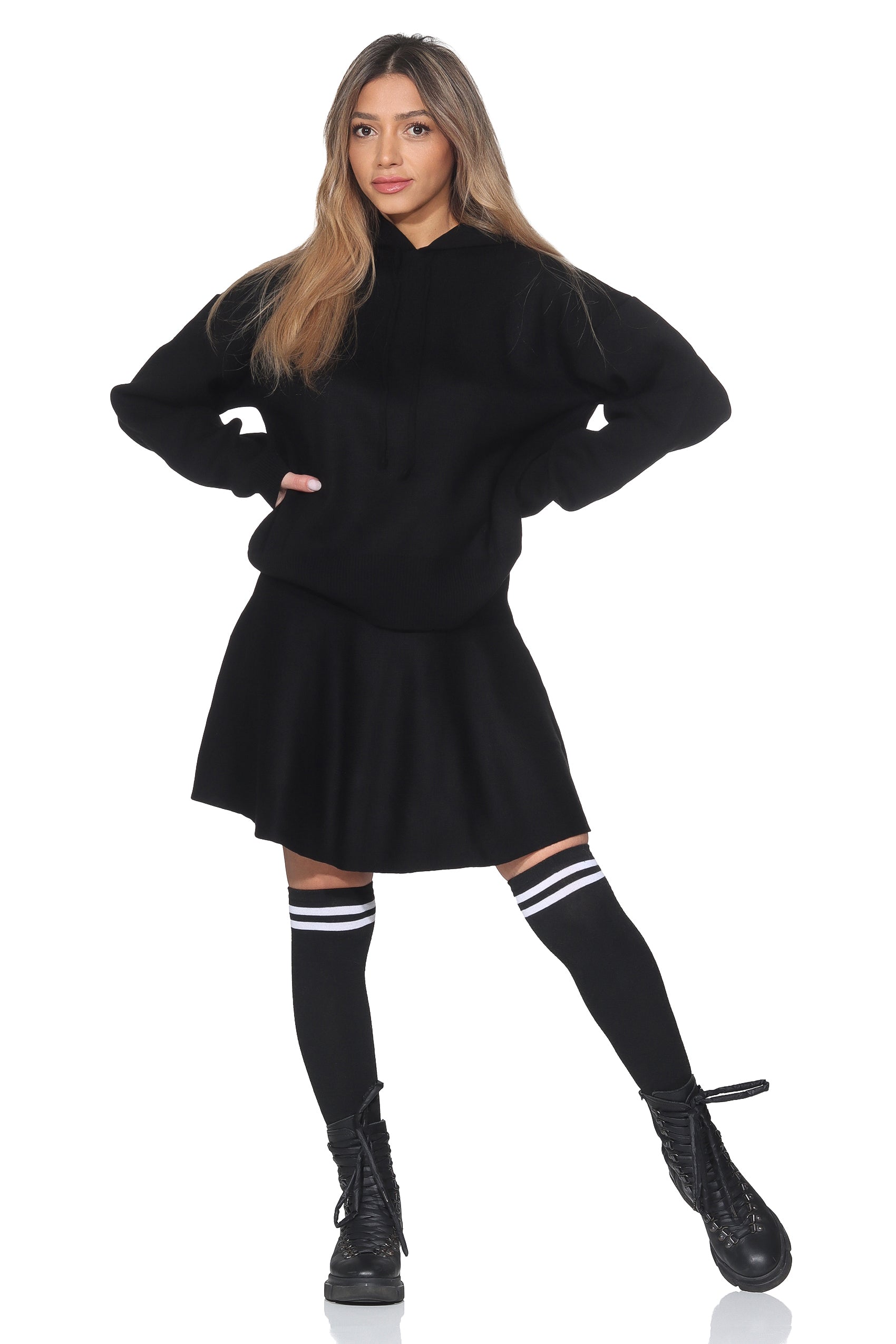 Damen Zweiteiler Set – Plissee Rock & Kapuzenpullover