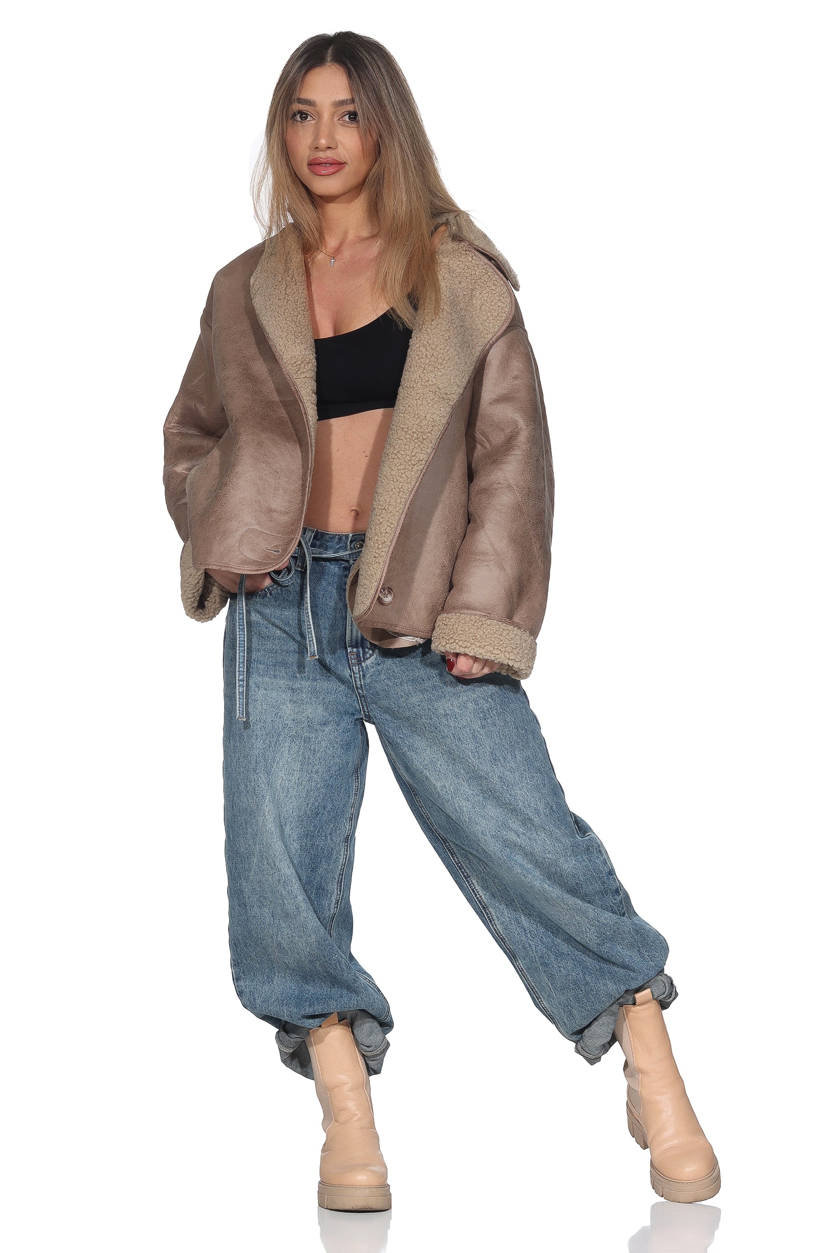 Beige lässige Vintage Jacke – Oversized Shearling Look