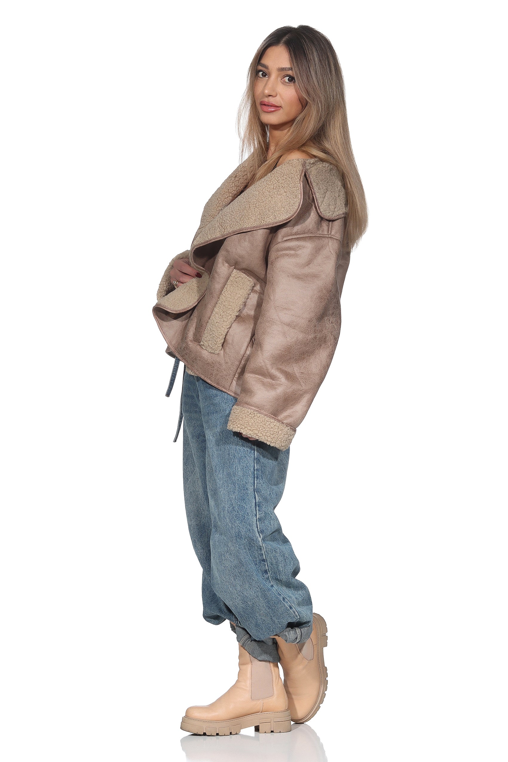 Beige lässige Vintage Jacke – Oversized Shearling Look