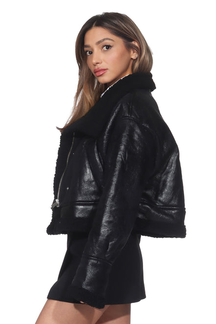 Schwarze Oversized Bomberjacke mit Bandkragen & Teddy-Innenfutter