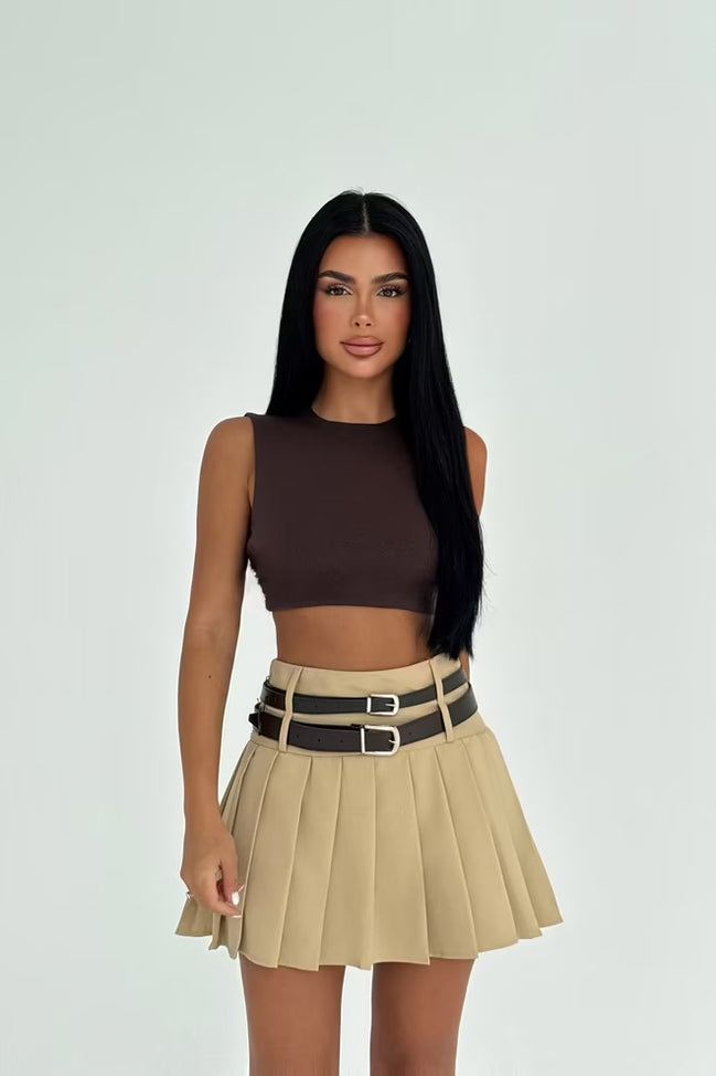 Damen Plissee Minirock mit Gürtel – Beige