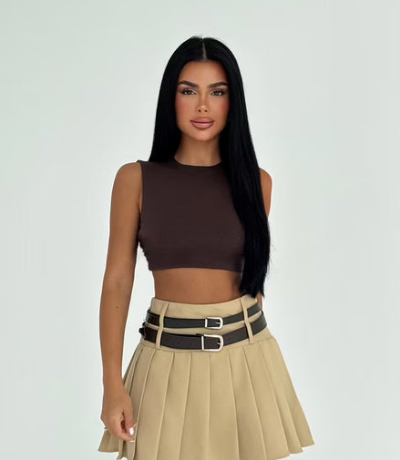 Damen Plissee Minirock mit Gürtel – Beige