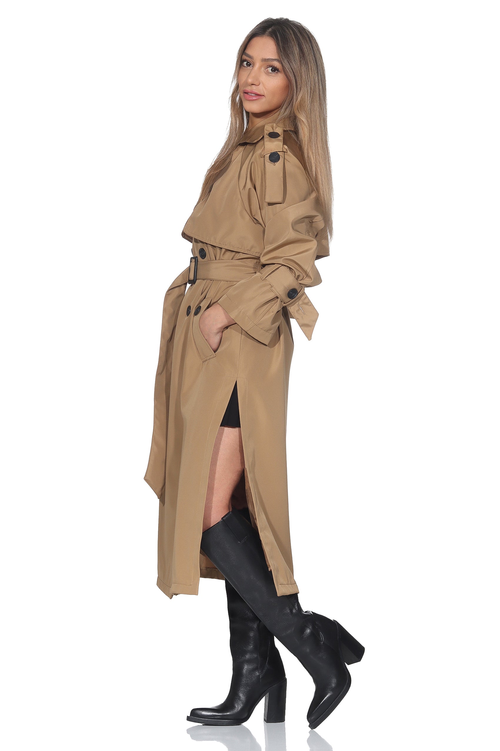 Langer Trenchcoat mit Bindegürtel – Camel