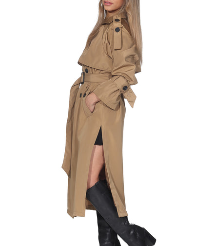 Langer Trenchcoat mit Bindegürtel – Camel