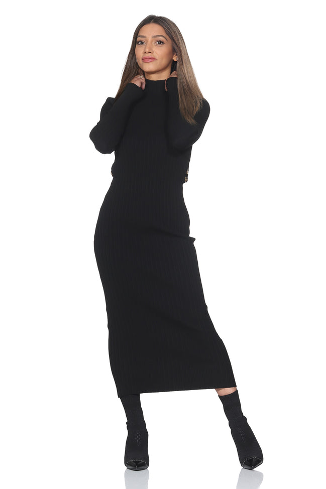 Damen Strick Midikleid mit Cut-Out & Gold-Details – Schwarz