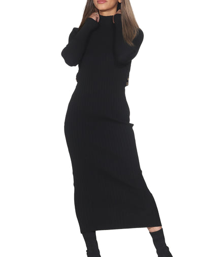 Damen Strick Midikleid mit Cut-Out & Gold-Details – Schwarz