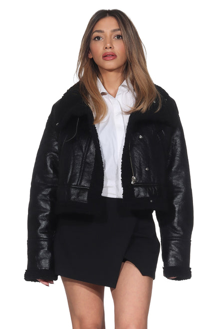 Schwarze Oversized Bomberjacke mit Bandkragen & Teddy-Innenfutter