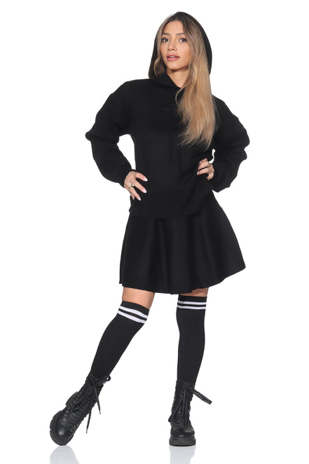 Damen Zweiteiler Set – Plissee Rock & Kapuzenpullover