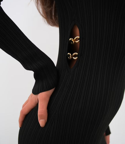 Damen Strick Midikleid mit Cut-Out & Gold-Details – Schwarz