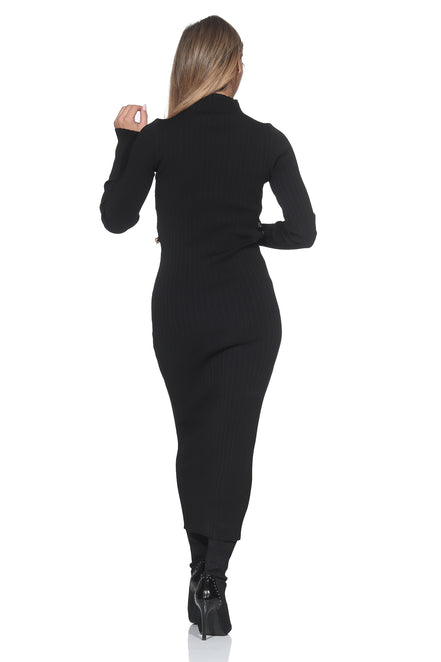 Damen Strick Midikleid mit Cut-Out & Gold-Details – Schwarz