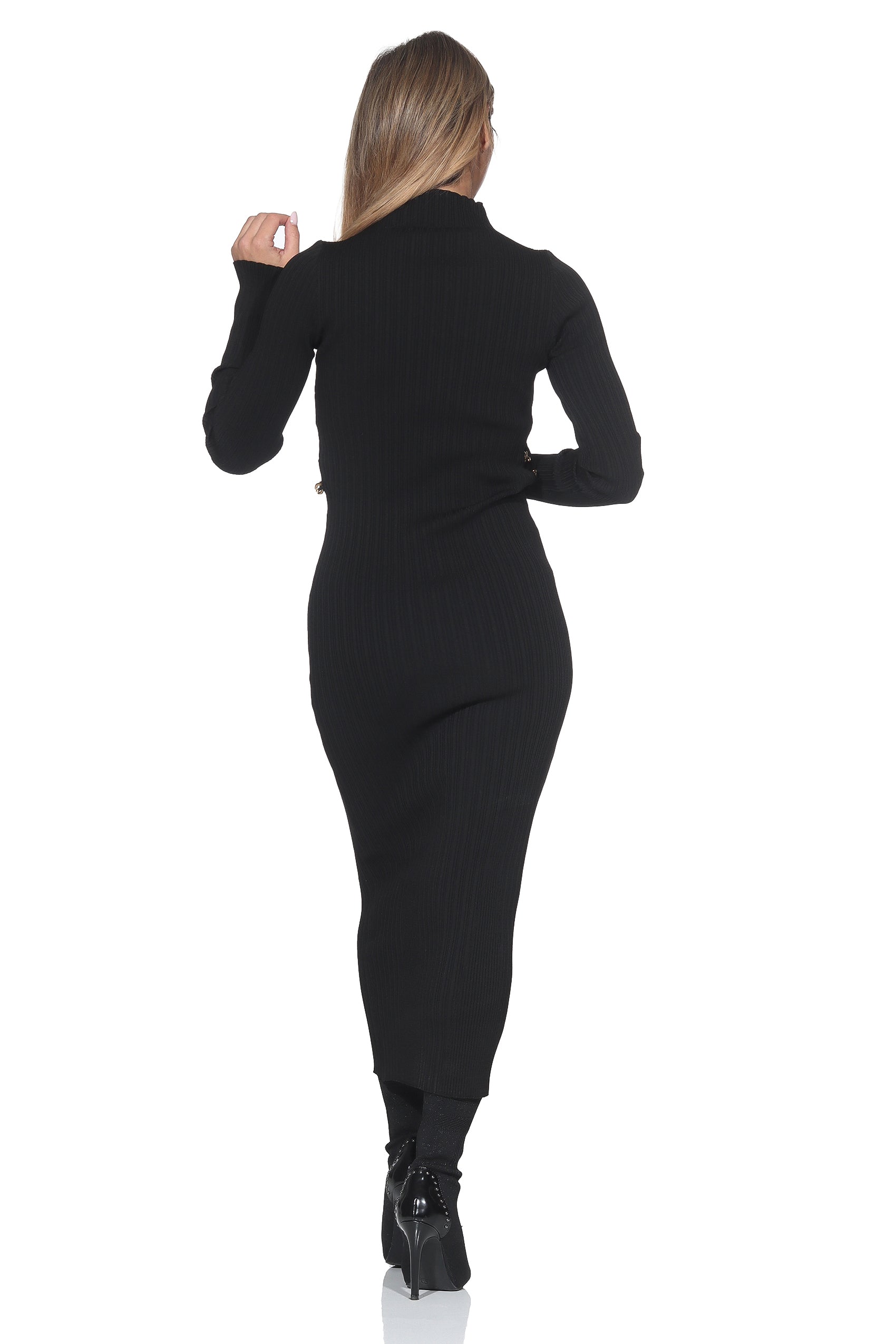 Damen Strick Midikleid mit Cut-Out & Gold-Details – Schwarz