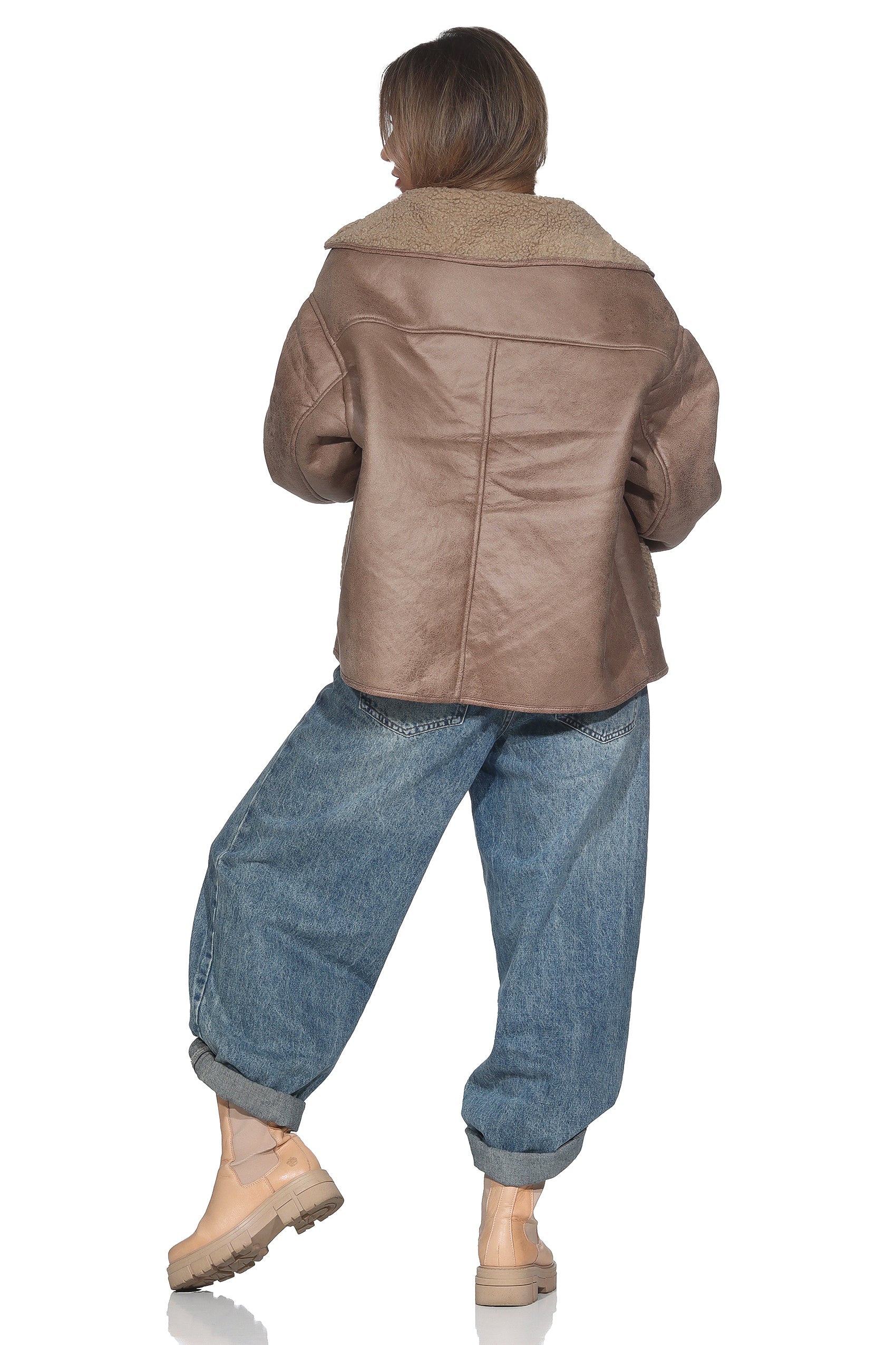 Beige lässige Vintage Jacke – Oversized Shearling Look