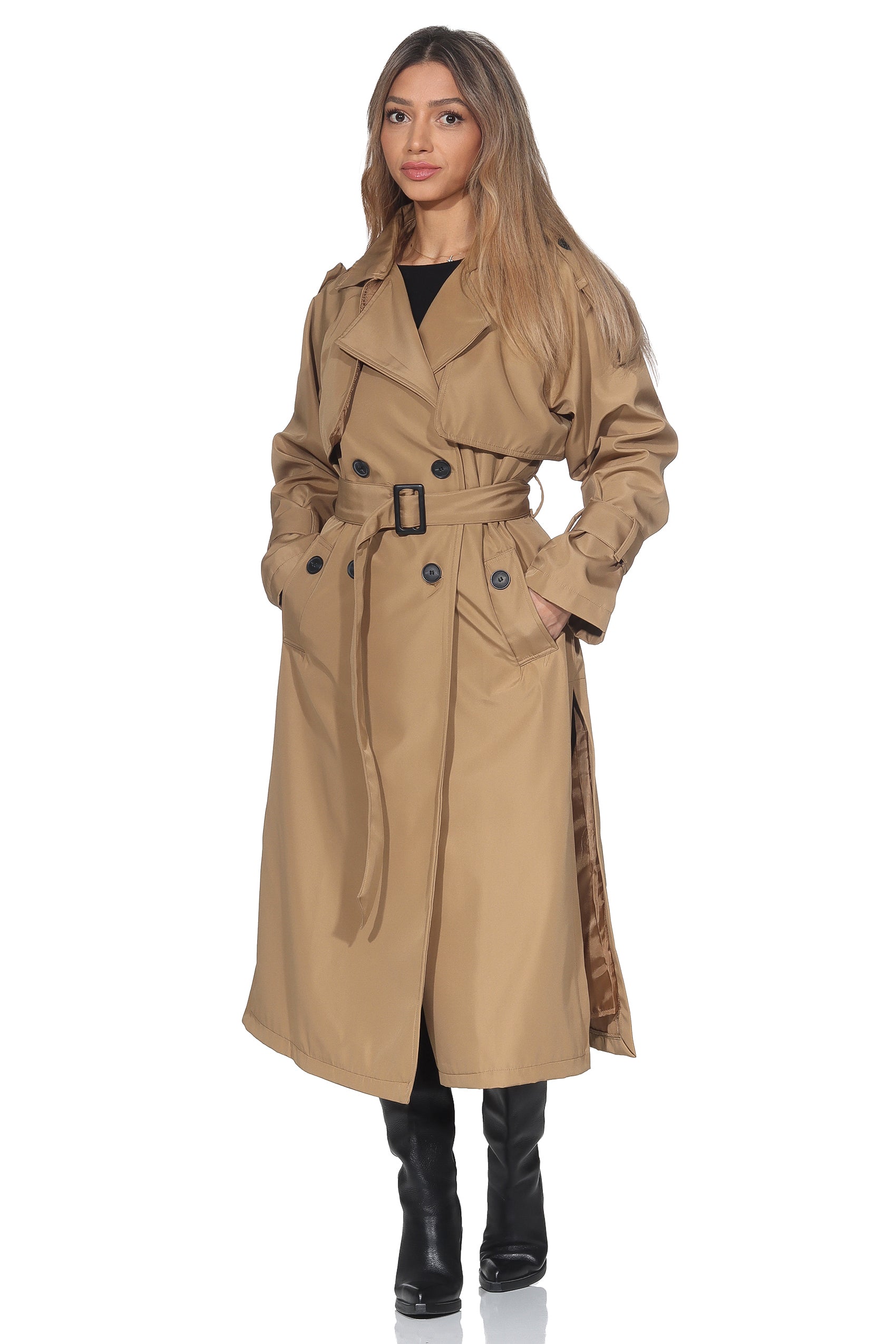 Langer Trenchcoat mit Bindegürtel – Camel