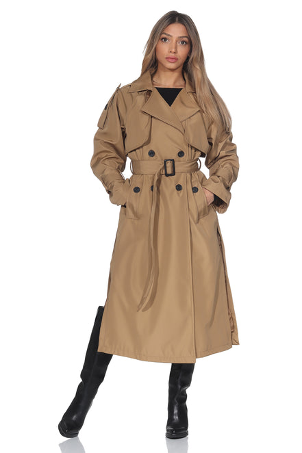 Langer Trenchcoat mit Bindegürtel – Camel