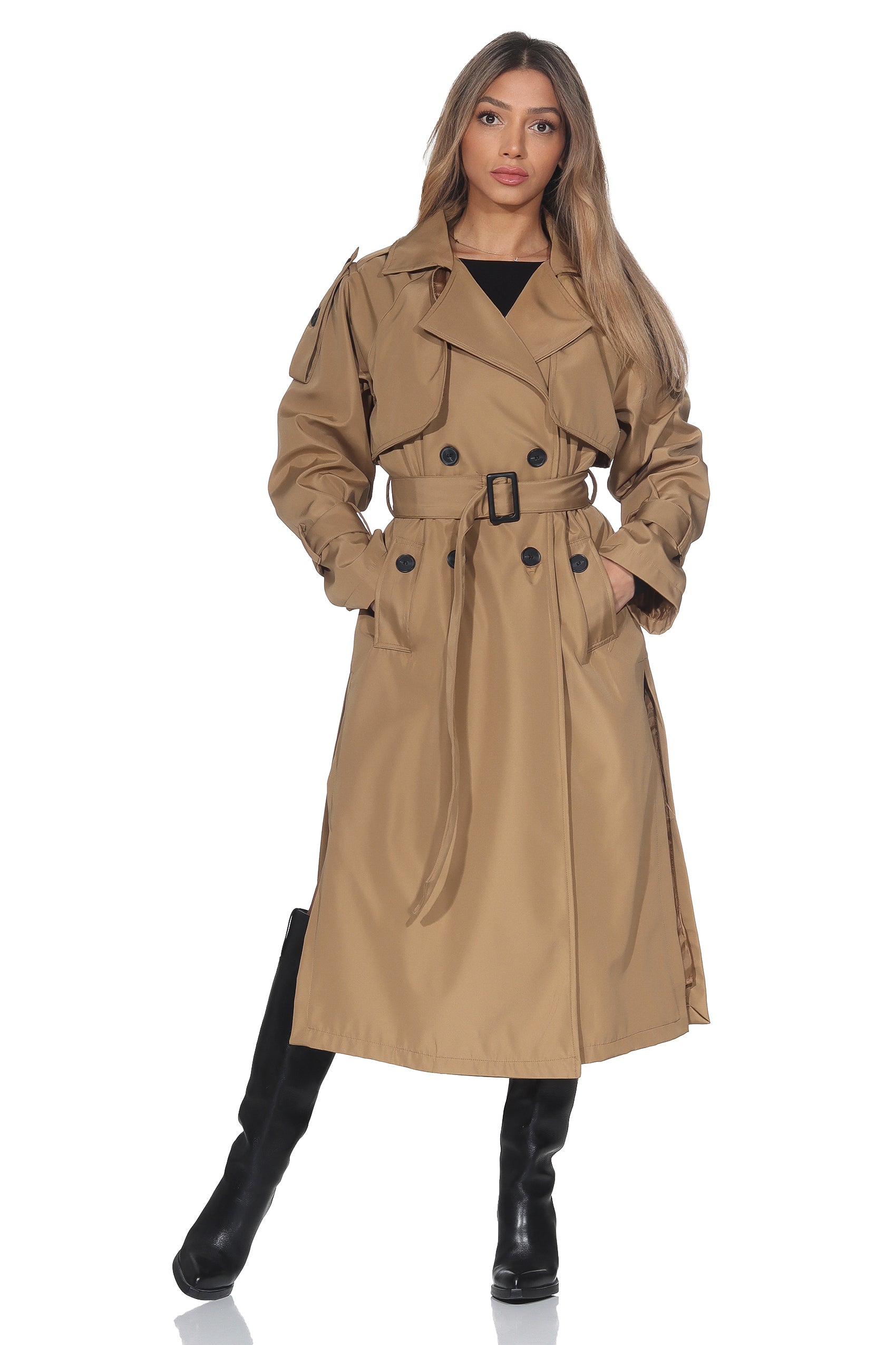 Langer Trenchcoat mit Bindegürtel – Camel