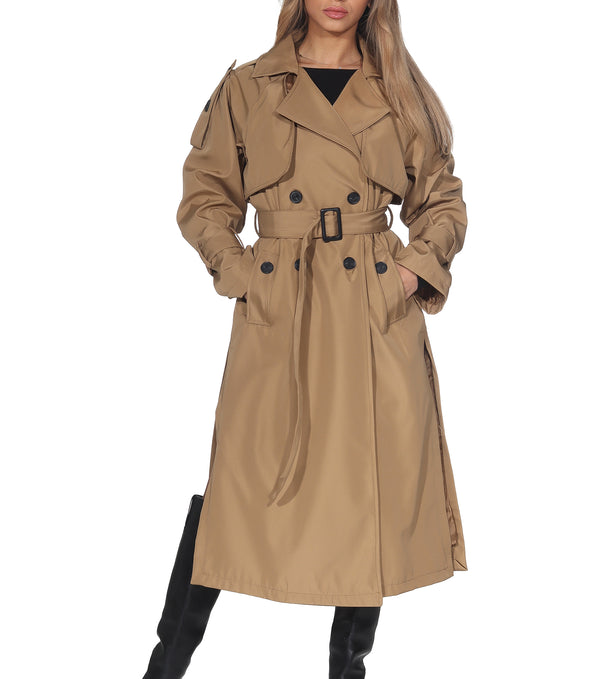 Langer Trenchcoat mit Bindegürtel – Camel