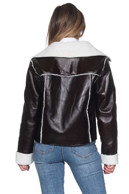 Dunkelbraune Shearling Kunstlederjacke – Mit Weißem Teddy-Innenfutter