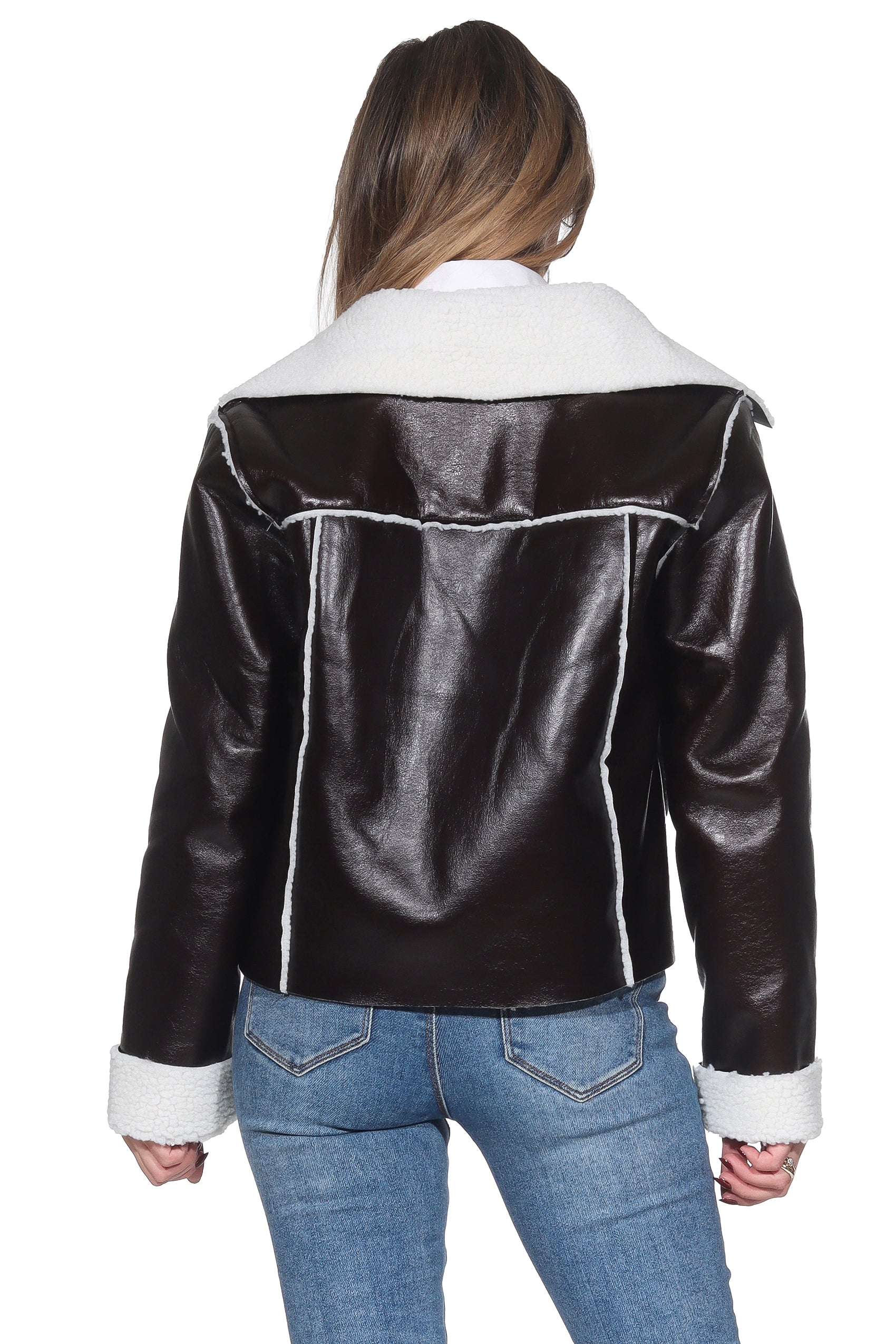 Dunkelbraune Shearling Kunstlederjacke – Mit Weißem Teddy-Innenfutter