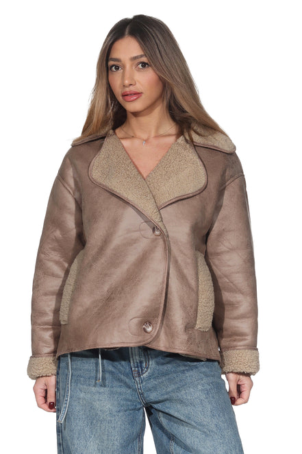 Beige lässige Vintage Jacke – Oversized Shearling Look