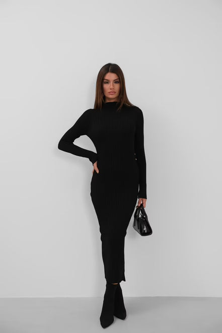 Damen Strick Midikleid mit Cut-Out & Gold-Details – Schwarz