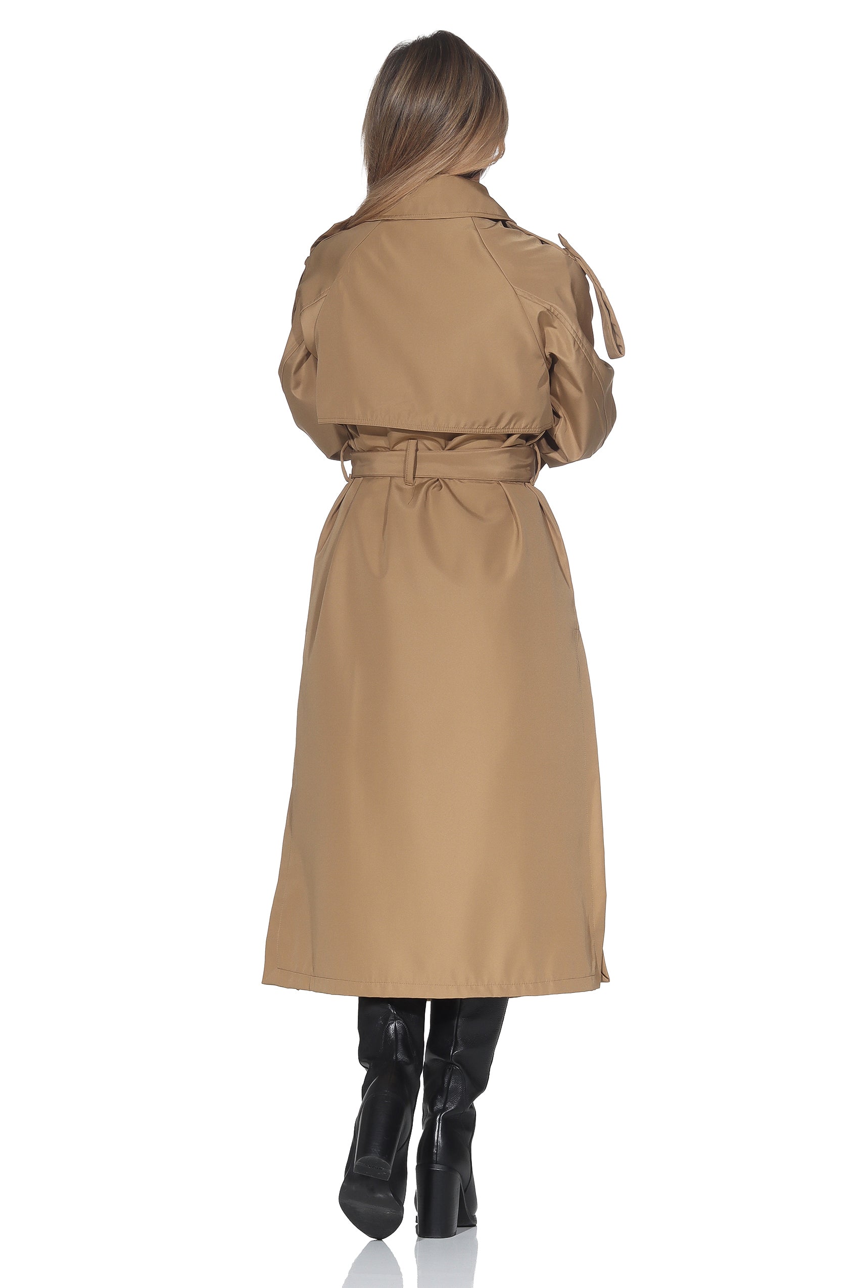 Langer Trenchcoat mit Bindegürtel – Camel
