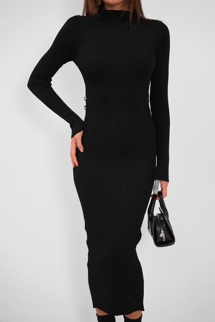 Damen Strick Midikleid mit Cut-Out & Gold-Details – Schwarz