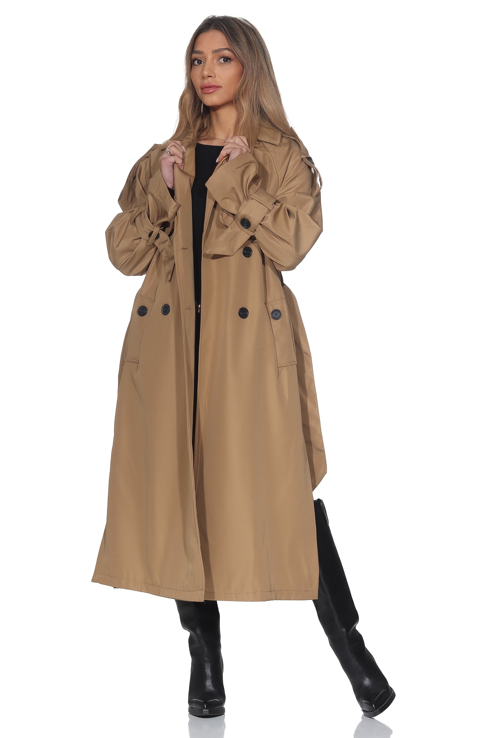 Langer Trenchcoat mit Bindegürtel – Camel