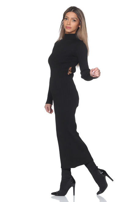 Damen Strick Midikleid mit Cut-Out & Gold-Details – Schwarz