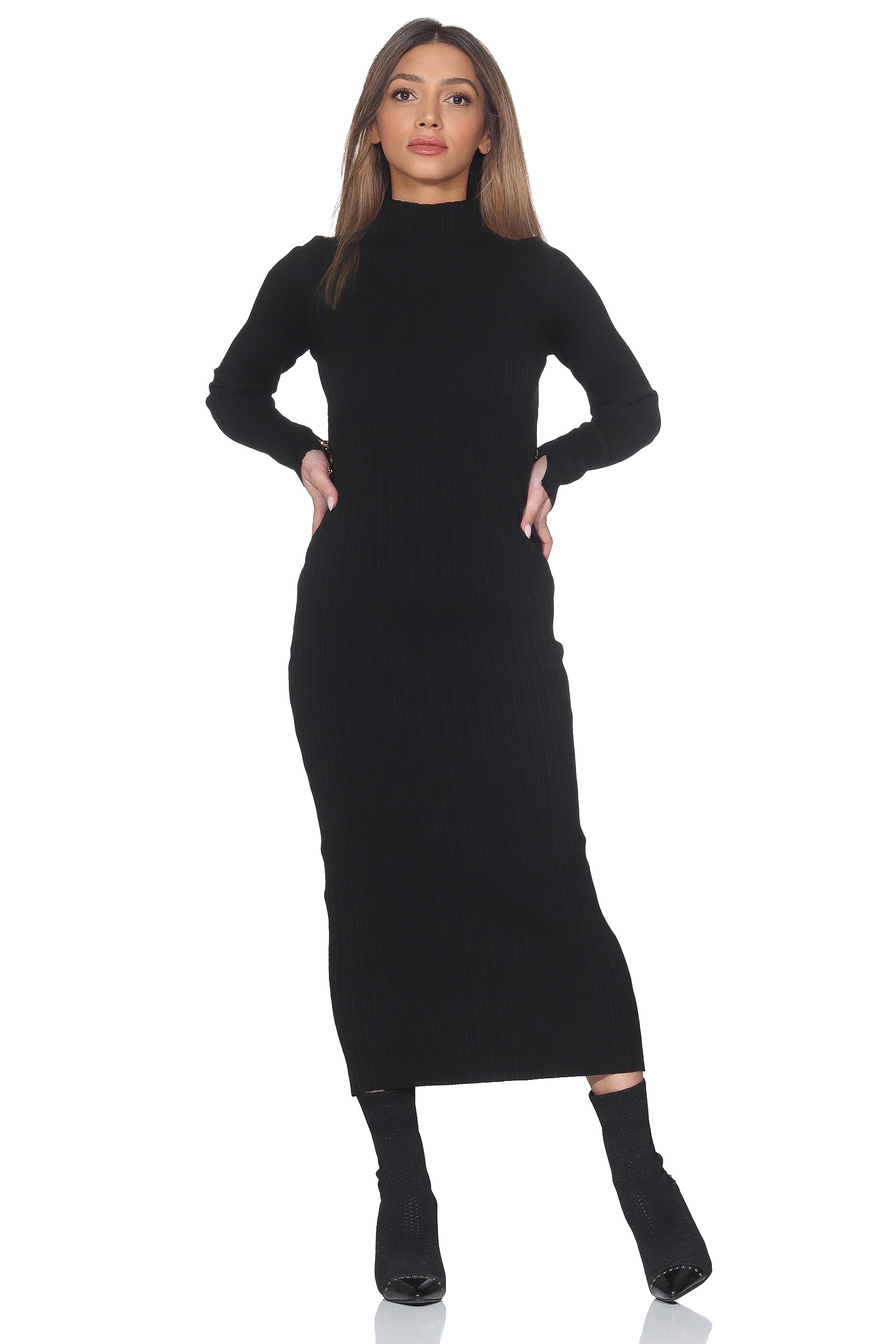 Damen Strick Midikleid mit Cut-Out & Gold-Details – Schwarz