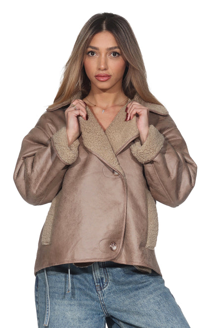 Beige lässige Vintage Jacke – Oversized Shearling Look
