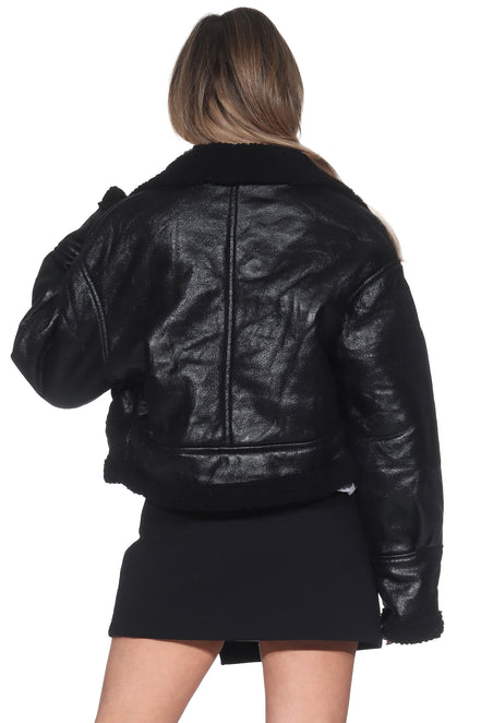 Schwarze Oversized Bomberjacke mit Bandkragen & Teddy-Innenfutter