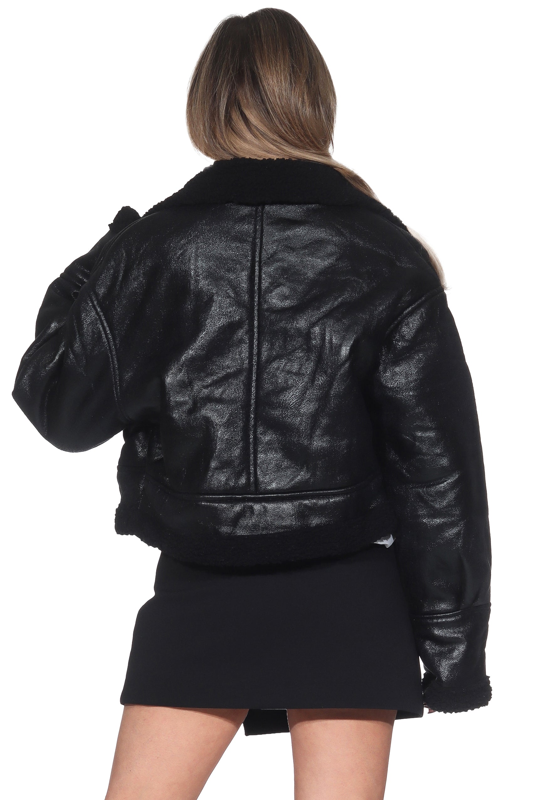 Schwarze Oversized Bomberjacke mit Bandkragen & Teddy-Innenfutter